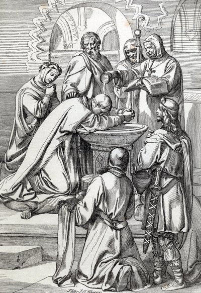 Representation av Saint Augustine of Canterbury (död 604), skickad till England av påven Gregoire den store 596 för att omvända anglosaxarna - Han är här inför Ethelbert, anglosaxisk kung av Kent (552? -616) som han döpte i 597 (Augustin, förste biskop o av Peter Johann Nepomuck Geiger