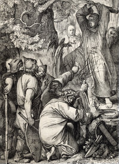 Representation av Sankt Bonifatius av Mainz (680-754) som hugger ner Thors ek för att övertyga druiderna att det inte är ett heligt träd (Saint Boniface (Bonifacius) som förstör Thors ek (Donar eller Joves ek) av de germanska hedningarnas heliga träd, att  av Peter Johann Nepomuck Geiger