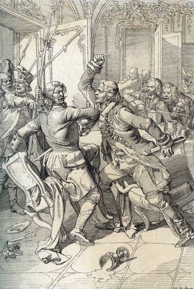 Streltsy-uppror: arrestering av medlemmar av streltsy-regementen (strelets) efter deras upphävande 1698 mot progressiva innovationer av tsar Peter den store, Ryssland (Streltsy-upproret: misstänkta medlemmar av Moskvas Streltsy-regementen arresterade efter av Peter Johann Nepomuck Geiger