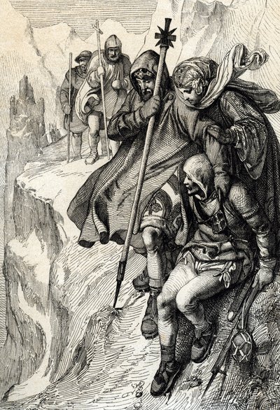 Kungen av romarna Henrik IV passerar passet av berget Cenis för att korsa Alperna och gå till grevinnan Mathilde av Toscana till Canossa där påven Gregoire VII, januari 1077” (Henry IV korsade Alperna genom Mont Cenis-passet för att nå slottet Canossa och av Peter Johann Nepomuck Geiger