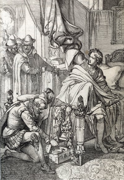 Gripandet av Karl av Österrike (1545-1568) (Don Carlos), son till Filip II av Spanien 1568 av hans fars män (Carlos, prins av Asturiens äldste son och arvinge till kung Filip II av Spanien fängslad av hans far i början av 1568) Rita en penna d av Peter Johann Nepomuck Geiger