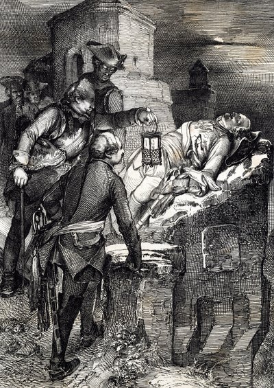 Döden av kung Karl (eller Carl) XII av Sverige (1682-1718) under belägringen av det första norska fortet Fredriksten av Peter Johann Nepomuck Geiger