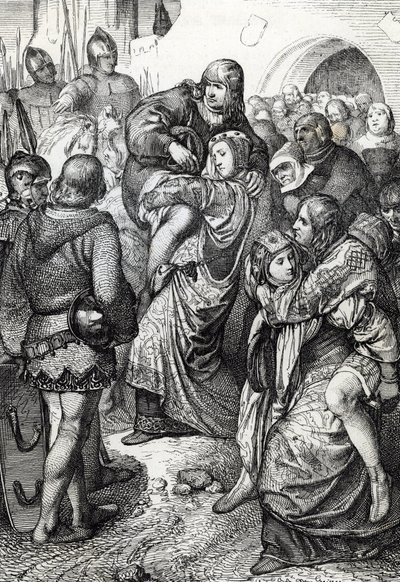 De trogna kvinnorna i Weinsberg (Treue Weiber von Weinsberg): soldaternas fruar som besegrades vid belägringen av Weinsberg av Conrad III av Hohenstaufen 1140 bär sina män på ryggen, Tyskland (De lojala fruarna under belägringen av Weinsberg av Peter Johann Nepomuck Geiger