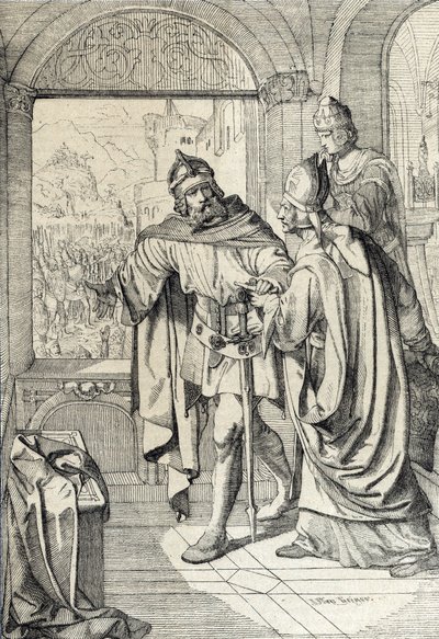 De första medlemmarna av Habsburgdynastin Radbot och Eveque Werner vid tiden för byggandet av Habsburgska gården i Aargau, Schweiz av Peter Johann Nepomuck Geiger