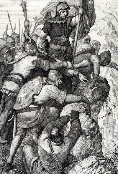 Trupperna från Othon I av Baviere (1117-1183) nära Verona i Italien 1155 (Otto I, hertig av Bayern och hans armé nära Verona, Italien 1155) Fjäderteckning från "Historische Memorabilian des In-und Auslandes"" (Historiska souvenirer) av Anton Ziegler av Peter Johann Nepomuck Geiger