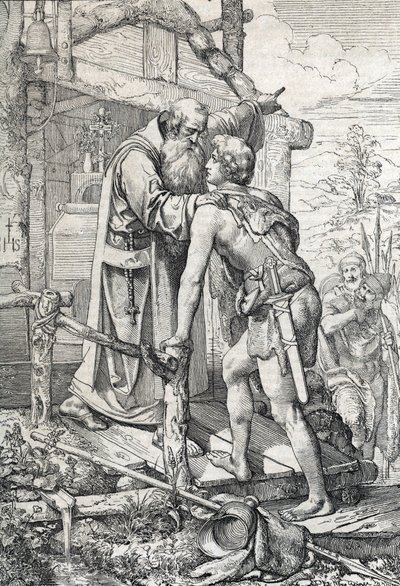 Den unge Odoacre (ca 433-493) tar emot välsignelsen av Severin, Apotre de Norique, ca. 470 (Odoacer möter munken Severinus av Noricum som får reda på honom att han en dag skulle bli känd, 470 ca) Rita en penna ritad från "" Historische Memorabilian des av Peter Johann Nepomuck Geiger