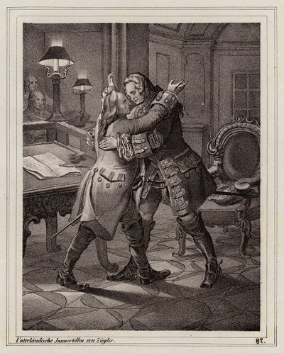 Eugen av Savojen omfamnar hertigen av Marlborough, Spanska tronföljdskriget av Peter Johann Nepomuk Geiger
