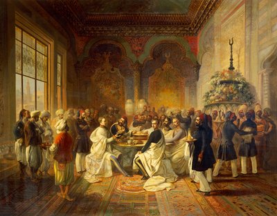 Lunch tillhandahålls i Smyrna av Halim Pasha, illustration från Maximilian av Habsburgs resa och hans bror Charles Louis i Medelhavet, av Peter Johann Nepomuk Geiger av Peter Johann Nepomuk Geiger