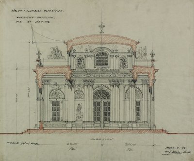 Paviljong för choklad och menyer, Colombianska världsutställningen, Chicago, Illinois, sektionsskiss av Peter Joseph Weber