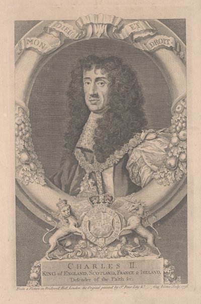 Charles II, kung av England, Skottland, Frankrike och Irland, graverad av George Vertue (1684-1756) av Peter Lely