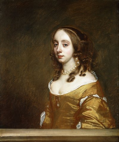 Porträtt av en dam i familjen Popham, halvlångt, bakom ett båge, iklädd en orange klänning, av Peter Lely