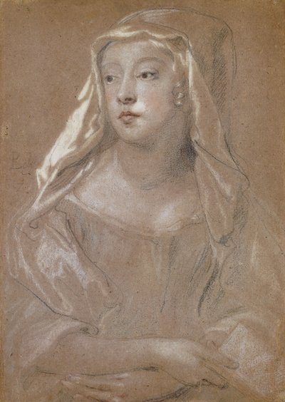 Porträtt av en ung dam, traditionellt identifierad som Sarah Jennings, hertiginna av Marlborough, halvlängd, håller en bok, händerna i kors i knäet, hennes huvudklänning draperad på hennes axlar, 1667 av Peter Lely