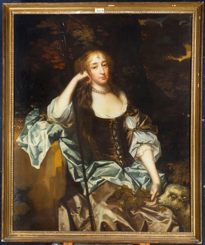 Porträtt av en dam med sitt husdjurslamm vid sin sida av Peter Lely