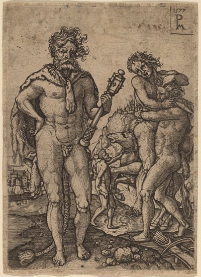 Hercules och Antaeus av Peter Maes after Heinrich Aldegrever