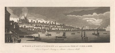 En vy över en del av London som den såg ut i den stora branden 1666 av Peter Mazell