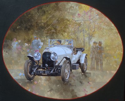 3 liters Bentley på Kelmarsh (olja på duk) av Peter Miller