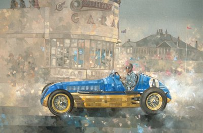 Blå och gula Maserati of Bira (olja på duk) av Peter Miller