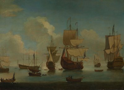 Engelska krigsfartyg för ankar i lugnt väder, torkar segel, tidigt 1700-tal (olja på duk) av Peter Monamy