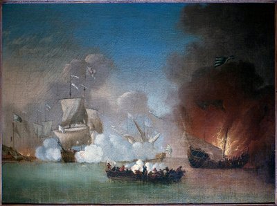 Sjöstrid mellan ett portugisiskt örlogsfartyg och taggiga piratgalärer - Målning av Peter Monamy (aktiv mellan 1681 och 1749), olja på duk, cirka 1685 (Sjöstrid mellan en portugisisk krigsman och ett antal barbariska piratgalärer, av Peter Monamy, av Peter Monamy