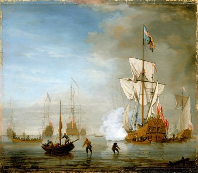 Segelbåten har två master och en plattform (plattform), identifierad som "Isabella" med kunglig flagga av Peter Monamy