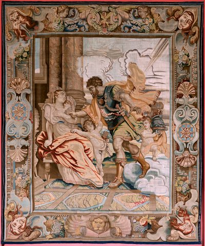 flamländsk gobeläng. Serie Historien om konsuln Decius Mus. Mars visar sig för Rhea Silvia (Aparición de Marte a Rea Silvia). Åttonde gobeläng i serien. Modell P P Rubens. Tillverkning Jan Raes II, Bryssel. Ca1620-1629. Tyg Guld, silver, siden och ull. av Peter Paul (after) Rubens
