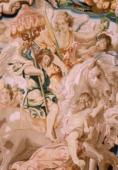 flamländsk gobeläng. Serien Nattvardens triumf. Kyrkans triumf (El Triunfo de la Iglesia). Åttonde gobeläng i serien. Modell Peter Paul Rubens. 1626-1628. Tillverkning Jan II Raes, Bryssel av Peter Paul (after) Rubens