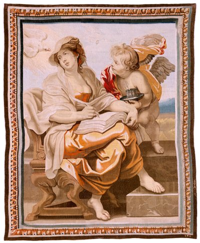 flamländsk gobeläng. Serien Nattvardens triumf. Visdom är inspirerad av den Helige Ande (La Sabiduría inspirada por el Espíritu Santo). Nittonde gobeläng i serien. Modell Peter Paul Rubens. 1626-1628. Tillverkning Jacob II Geubels, Bryssel av Peter Paul (after) Rubens
