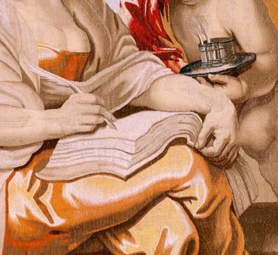 flamländsk gobeläng. Serien Nattvardens triumf. Visdom är inspirerad av den Helige Ande (La Sabiduría inspirada por el Espíritu Santo). Nittonde gobeläng i serien. Modell Peter Paul Rubens. 1626-1628. Tillverkning Jacob II Geubels, Bryssel av Peter Paul (after) Rubens