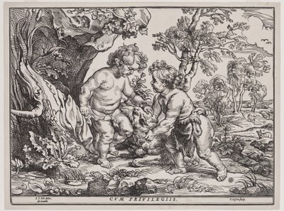Spädbarn Kristus och Sankt Johannes leker med ett lamm, gravyr av Christoffel Jegher (1596-1653), efter 1632 (träsnitt) av Peter Paul (after) Rubens