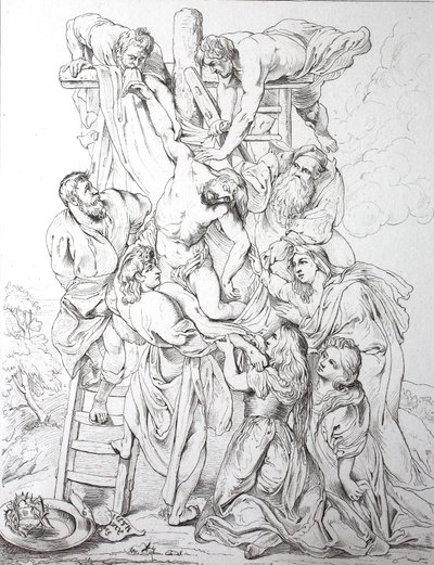 Jesus Kristus, härkomst från korset (tryck) av Peter Paul (after) Rubens