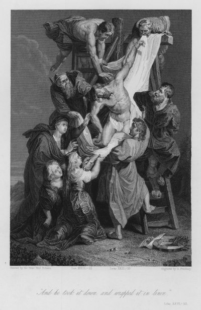 Nedstigningen från korset, Lukas XXIII, 53 (gravyr) av Peter Paul (after) Rubens