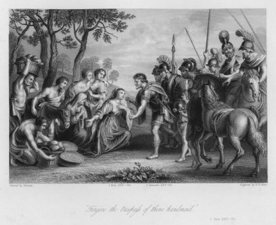 Mötet mellan David och Abigail, I Samuel XXV, 28 (gravyr) av Peter Paul (after) Rubens