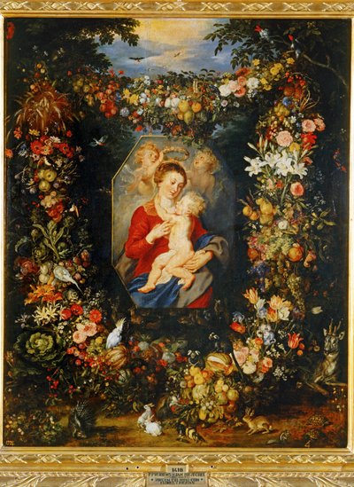Jungfru Maria och barnet med krans av blommor och frukter... av Peter Paul & Brueghel Jan (1601 78) Rubens