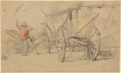 En man som tröskar bredvid en vagn med ekonomibyggnader bakom av Peter Paul Rubens