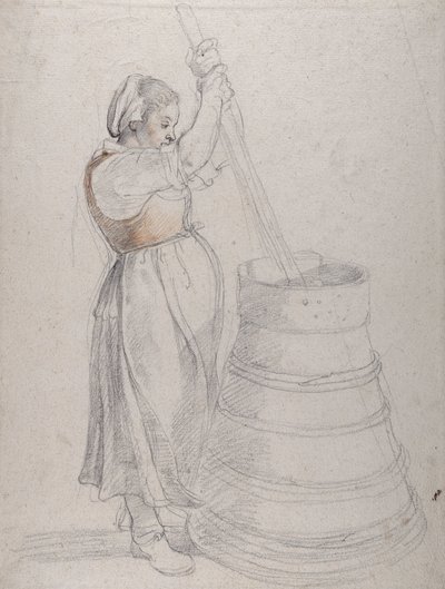 En bondflicka som kärnar smör (svart & röd krita med penna på vitt papper) av Peter Paul Rubens