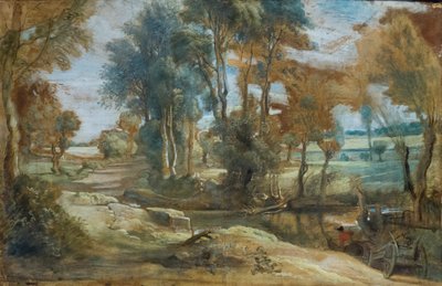 En vagn över en bäck, ca 1625-40 (svart krita och olja på papper, fastklistrad på duk) av Peter Paul Rubens