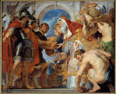 Abraham och Melkisedek. När han återvände från ett segerrikt fälttåg träffade Abraham Melkisedek (eller Melkisedek eller Melkisedek eller Melkisedek eller Melkisedek), kungen av Salem som kom med bröd och vin till honom. Han var präst och uttalade denna vä av Peter Paul Rubens