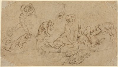 Battle of Nude Men (penna och brunt bläck över svart krita på fyra oregelbundet skurna bitar av två typer av buffertpapper; liggande och med hörnbitar tillagda) av Peter Paul Rubens
