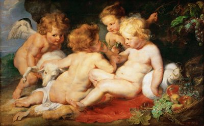 Kristus och Johannes Döparen som barn med två änglar - Pieter Paul Rubens (1577-1640). Olja på trä, c. 1615-1620. Mått: 76,5x122,3 cm. Konsthistoriska museet, Vienne av Peter Paul Rubens