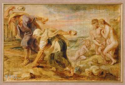 Deucalion och Pyrrha, mänsklighetens skapare efter den första syndafloden (målning på trä) av Peter Paul Rubens