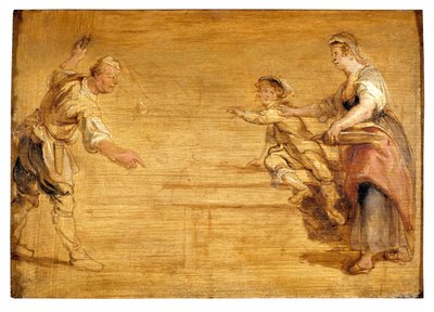 Köksbiträde, slaktare och pojke runt ett bord (olja på duk) av Peter Paul Rubens