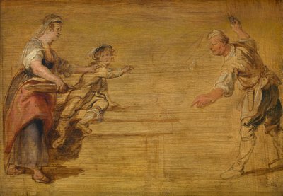 Kökspiga, slaktare och pojke kring ett bord av Peter Paul Rubens
