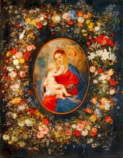 Jungfrun, Jesusbarnet och änglar mitt i en blomsterkrans av Peter Paul Rubens