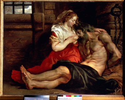 romersk välgörenhet. En kvinna ammar en man i fängelset och fortsätter. Cimon dömd att svälta i fängelse livnär sig på bröstet på sin dotter Pero. Målning av Peter Paul (Pierre-Paul) Rubens (eller Peter Paul eller Petrus Paulus) (1577-1640). av Peter Paul Rubens