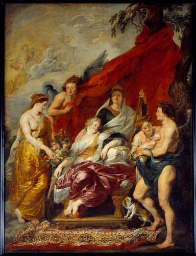 Ludvig XIII föddes i Fontainebleau den 27 september 1601. Hans mor Marie de Medicis (Maria de Medici) sitter på tronen och tittar på det nya ne. Målning av Pierre Paul (Pierre-Paul) Rubens (eller Peter Paul eller Petrus Paulus) (1577-1640) av Peter Paul Rubens