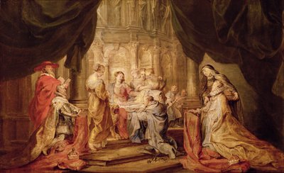 Maria som ger Ildefonso, ärkebiskop av Toledo klädseln, med ärkehertigen Albrecht VII och hans beskyddare Saint Albert av Lowen till vänster och Infanta Isabella Claira Eugenia och hennes beskyddare Saint Elizabeth av Ungern till vänster (skiss för altarpi av Peter Paul Rubens