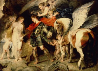 ""Perseus och Andromeda"" (Perseus och Andromeda) Andromeda kedjad vid en sten levereras av Persee tillsammans med Pagasus. På sin sköld huvudet av Medusa som han dödade. Målning av Pierre Paul (Pierre-Paul) Rubens (eller Peter Paul eller Petrus Paulus) (1 av Peter Paul Rubens