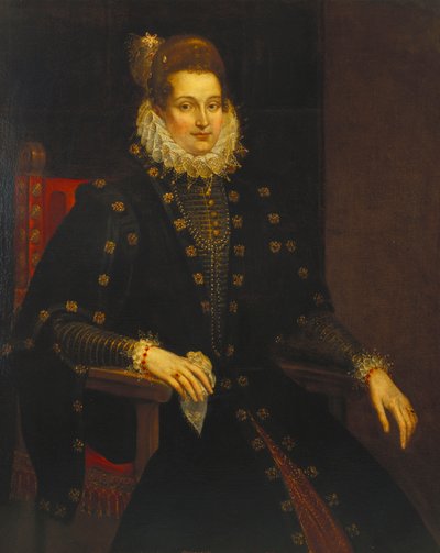 Porträtt av en dam sittande tre fjärdedels längd i en svart klänning med en ruff av Peter Paul Rubens