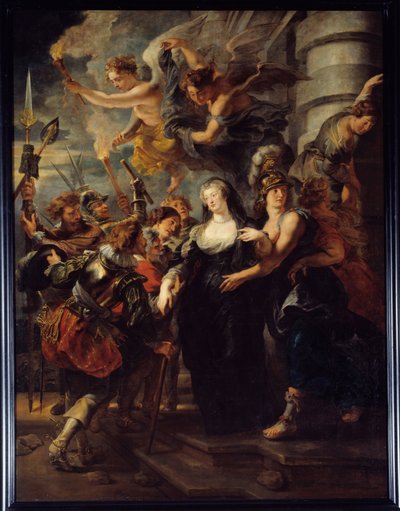 Drottning Marie de Medicis (1573-1642) flydde från Chateau de Blois natten mellan den 21 och 22 februari 1619. Frankrikes drottning i exil i Blois under "Mor och Sons krig" flydde till Angouleme. Änglar med facklor vägleder drottningen på rätt väg. Smärta av Peter Paul Rubens