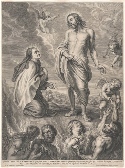 Heliga Teresa av Ávila knäböjer inför Kristus och förbönar för själarna i skärselden av Peter Paul Rubens